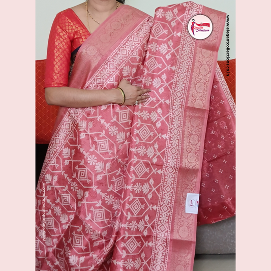 FANCY SILK SAREE - BABY PINK - WITH GEOMETRICAL PATTERN - JACQUARD WOVEN BORDER - Pavani's Elegant Collections