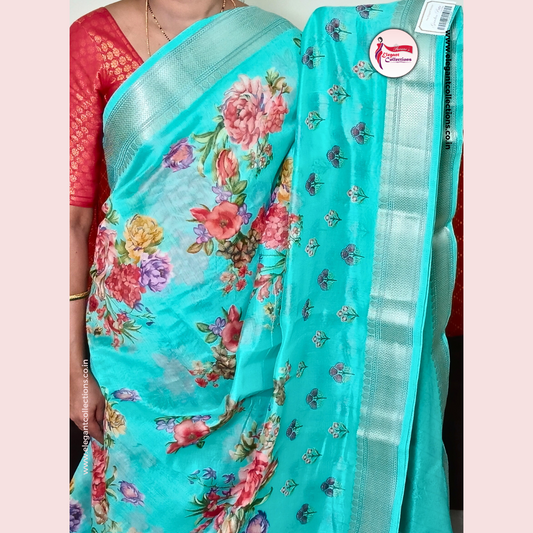 COTTON LINEN SAREE WITH FLORAL PRINT - BRIGHT CYAN - SILVER ORDER - Pavani's Elegant Collections