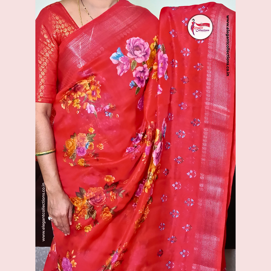 COTTON LINEN SAREE WITH FLORAL PRINT - TOMATO RED - SILVER ORDER - Pavani's Elegant Collections