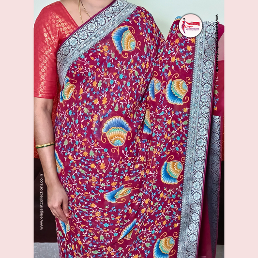 GEORGETTE SAREE - WINE - WITH LACE BORDER - Pavani's Elegant Collections