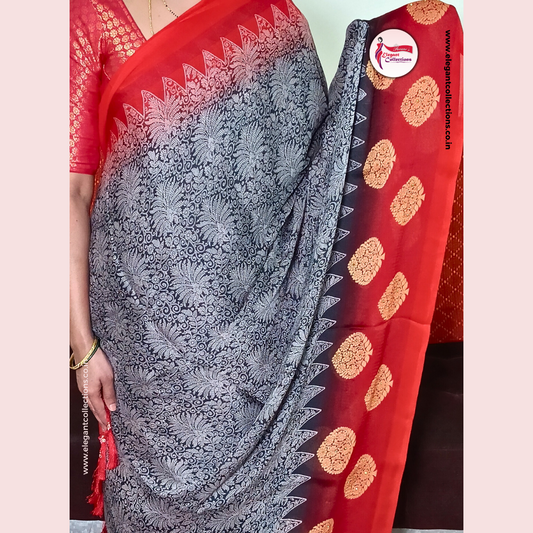 BRASSO SAREE - CHARCOAL GREY - CONTRAST BORDER WITH SEQUENCE WORK - Pavani's Elegant Collections