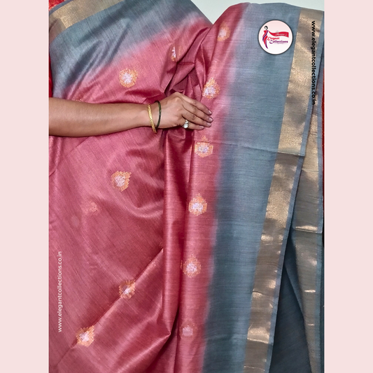 BHAGALPUR ART LINEN SAREE - ONION PINK - GOLDEN BORDER - Pavani's Elegant Collections