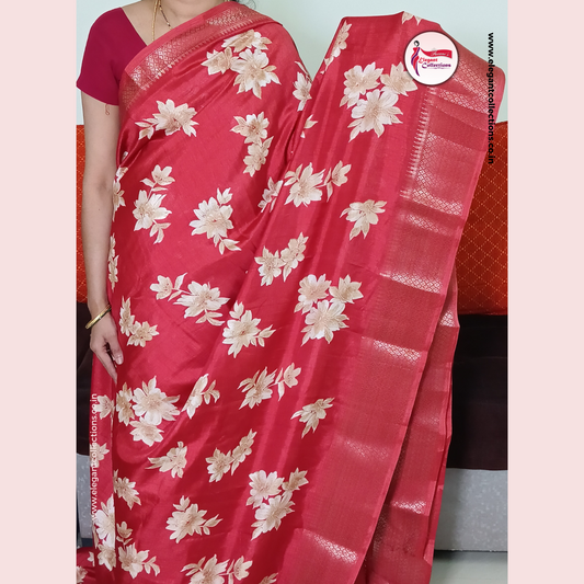 SEMI DOLA SILK SAREE - RED - WITH FLORAL PRINTS - JACQUARD WOVEN BORDER - Pavani's Elegant Collections