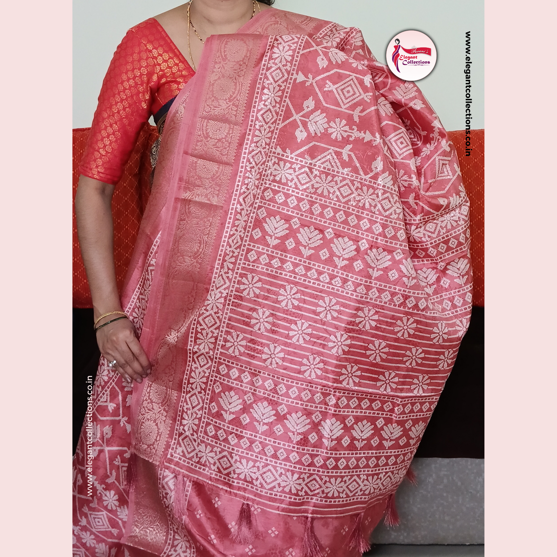 FANCY SILK SAREE - BABY PINK - WITH GEOMETRICAL PATTERN - JACQUARD WOVEN BORDER - Pavani's Elegant Collections