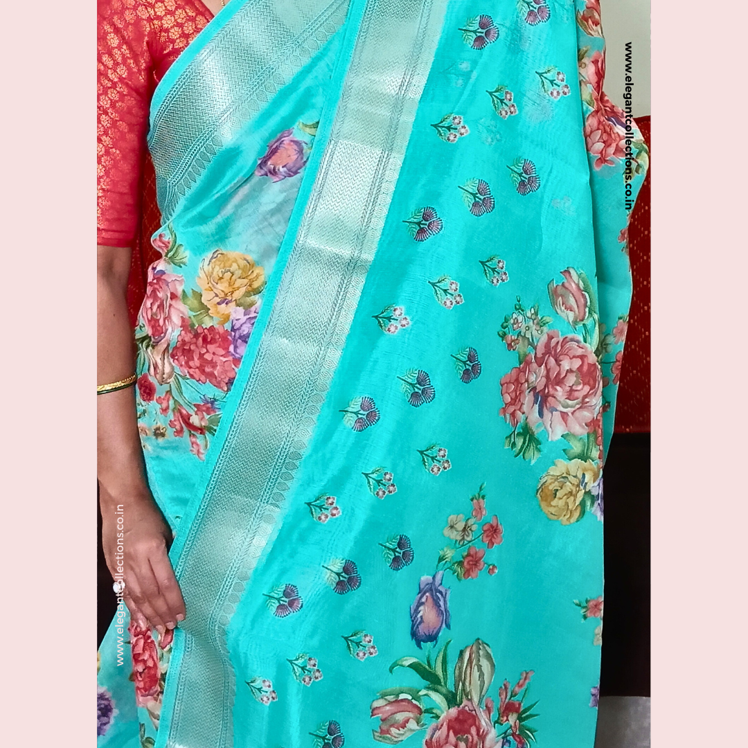 COTTON LINEN SAREE WITH FLORAL PRINT - BRIGHT CYAN - SILVER ORDER - Pavani's Elegant Collections