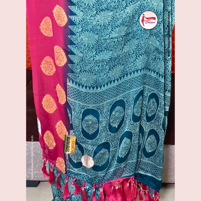 BRASSO SAREE - TEAL BLUE - CONTRAST BORDER WITH SEQUENCE WORK - Pavani's Elegant Collections