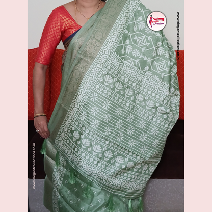 FANCY SILK SAREE - OLIVE GREEN - WITH GEOMETRICAL PATTERN - JACQUARD WOVEN BORDER - Pavani's Elegant Collections