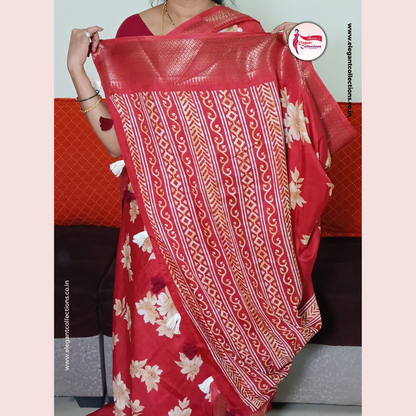SEMI DOLA SILK SAREE - RED - WITH FLORAL PRINTS - JACQUARD WOVEN BORDER - Pavani's Elegant Collections