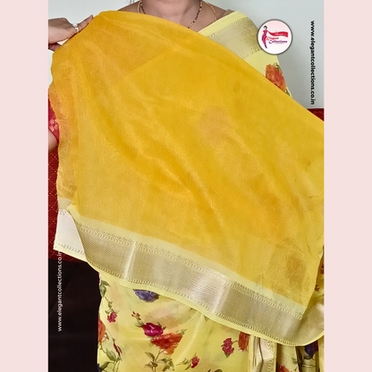 COTTON LINEN SAREE WITH FLORAL PRINT - YELLOW - SILVER ORDER - Pavani's Elegant Collections