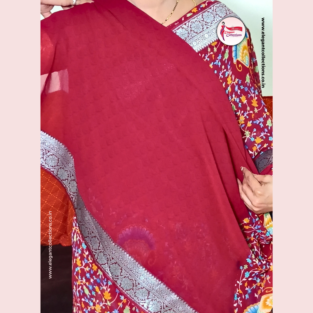 GEORGETTE SAREE - MAROON - WITH LACE BORDER - Pavani's Elegant Collections