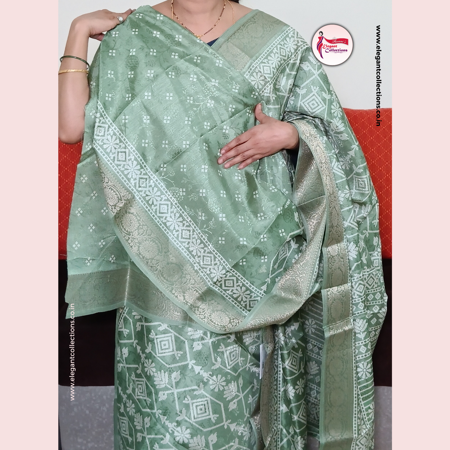 FANCY SILK SAREE - OLIVE GREEN - WITH GEOMETRICAL PATTERN - JACQUARD WOVEN BORDER - Pavani's Elegant Collections